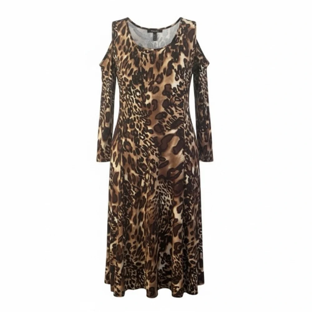 Susan Graver Leopard Print Cold-Shoulder Long Sleeve Dress Women’s Size L - Picture 3 of 7